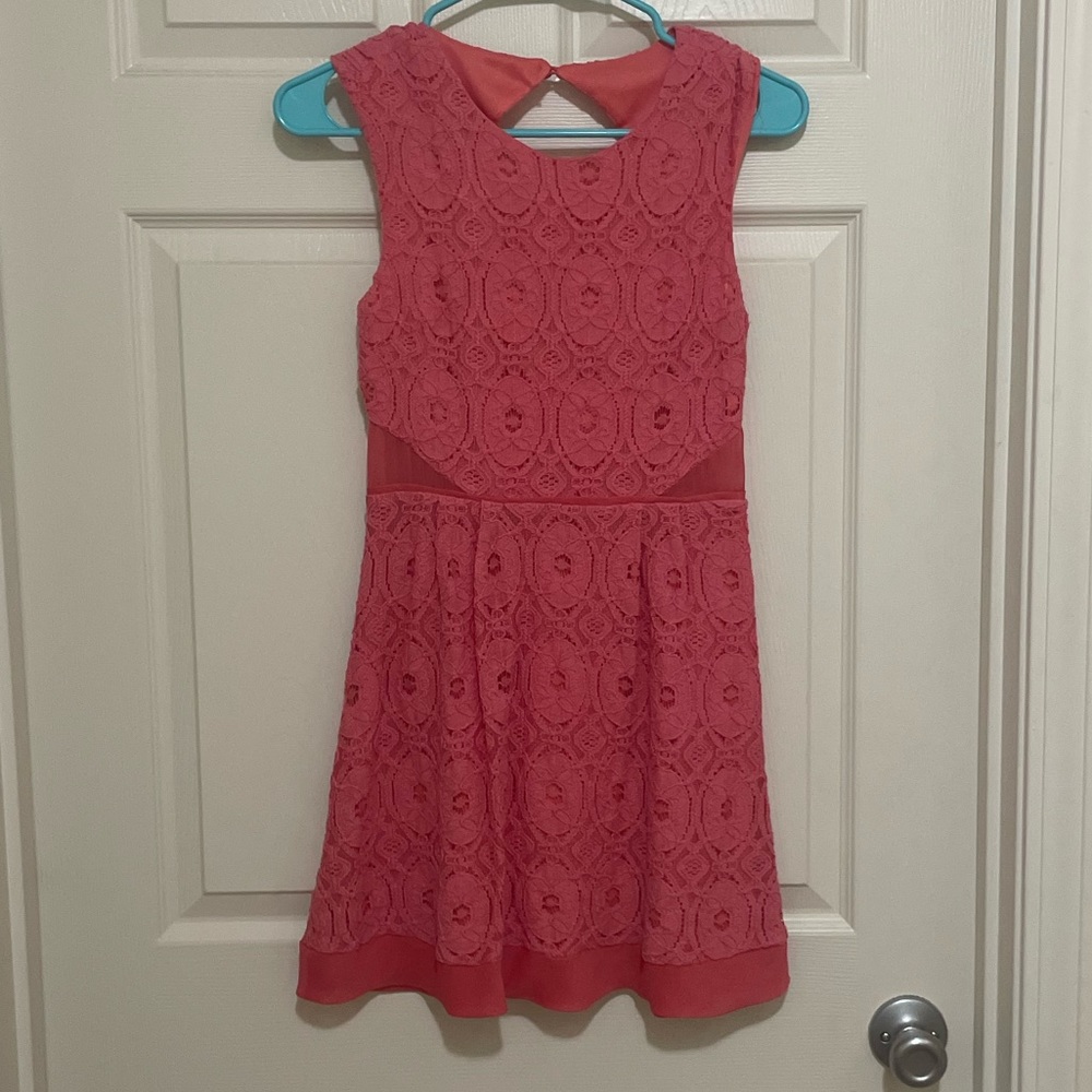 Kimchi Blue. Pink flower dress with sheer cutouts.